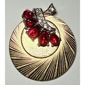 Vintage Marcel Boucher Gold Tone Round Brooch with Red Rhinestone Detail J-2J